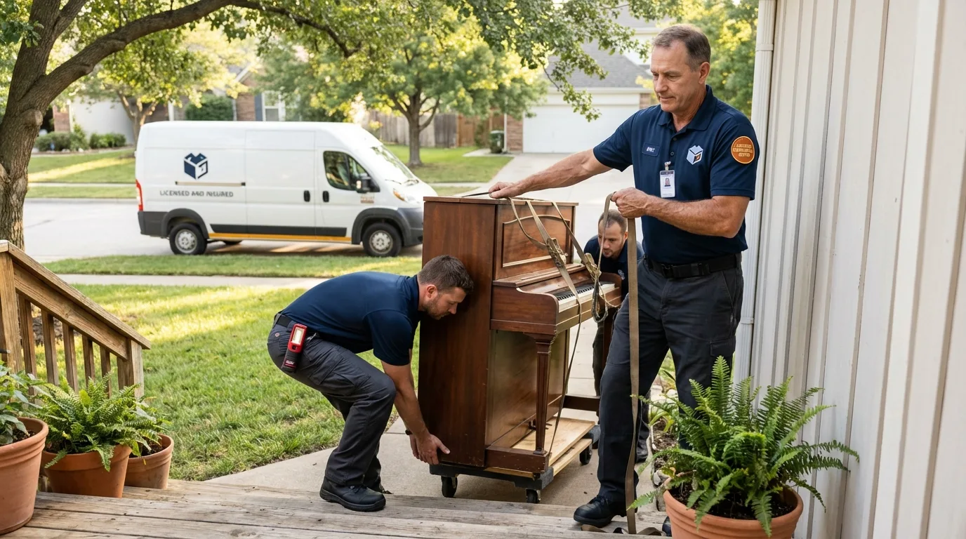 Licensed piano movers securing grand piano in Magnolia, TX