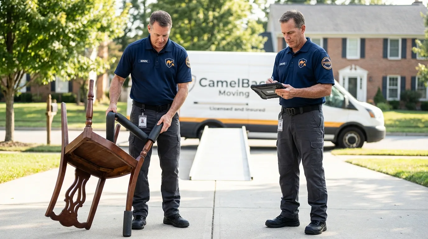 Movers inspecting furniture for damage prevention before loading in Magnolia, TX