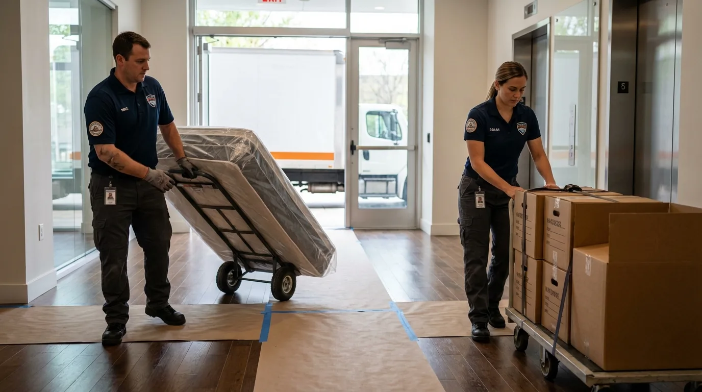 Professional apartment movers loading elevator in Magnolia, TX